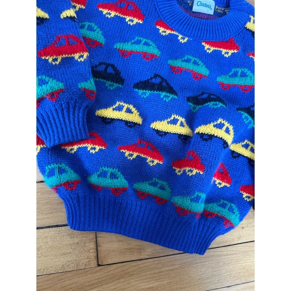 Vintage 80s/90s colorful car fairisle print sweater youth‎ Retro